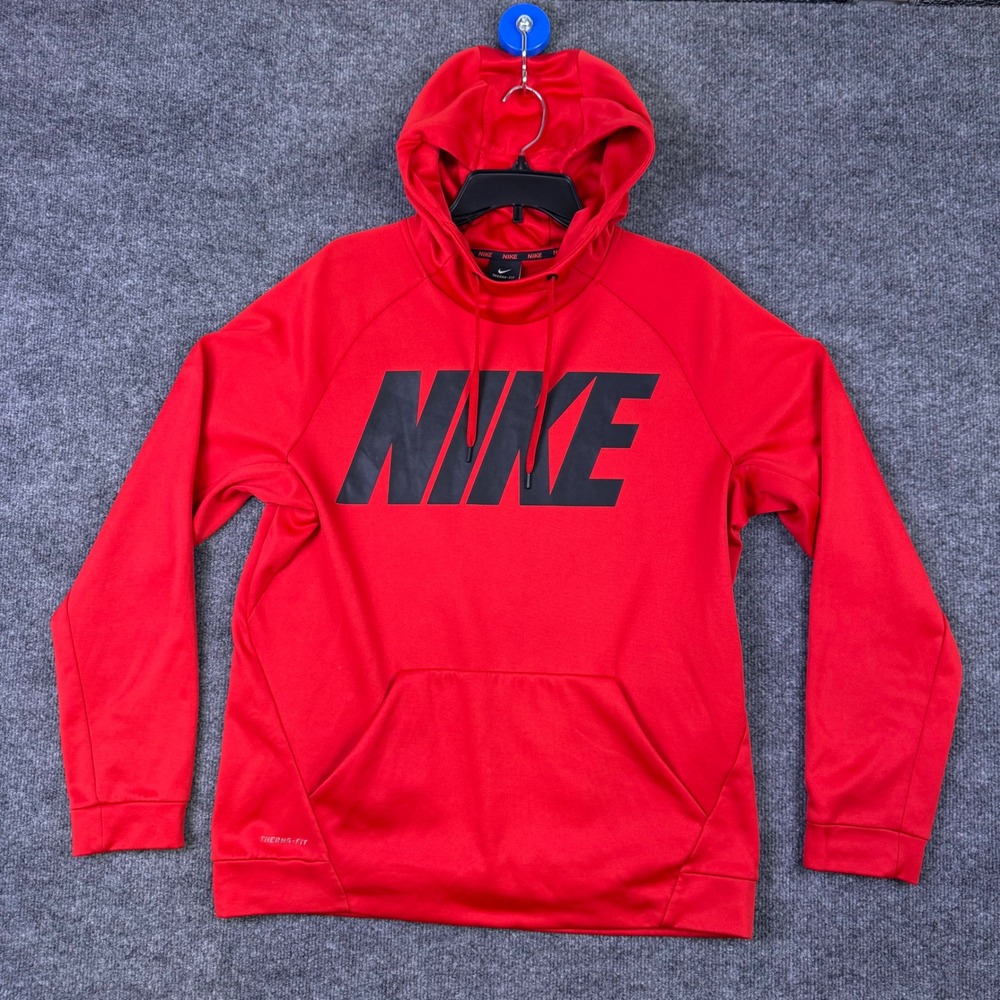 Nike Therma-FIT Mens Hoodie Red Black Block Logo Pullover Sweatshirt Large